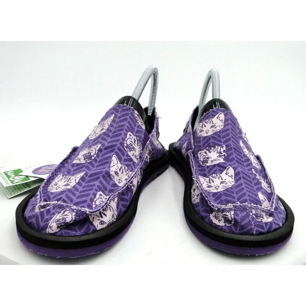 Sanuk Dona Lil Icon Slip On Loafers Shoes Purple Kitty Cat Kids Size Girls 5*NWT